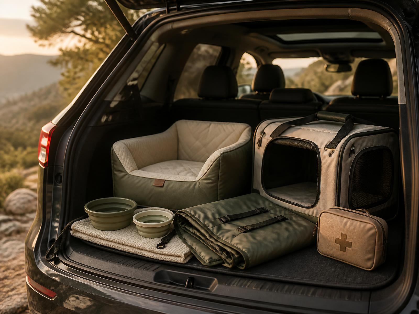 An open SUV tailgate with a booster seat, folded waterproof seat cover, soft carrier, collapsible bowls and a first-aid pouch laid out at golden hour